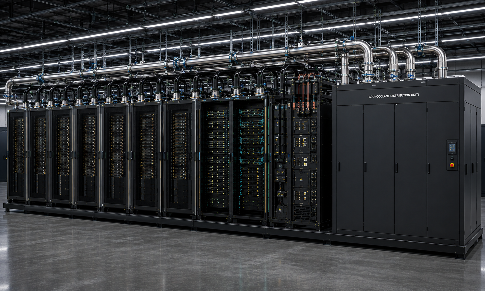 VasPlate cold-plate liquid-cooled server racks with overhead coolant distribution piping and a CDU coolant distribution unit