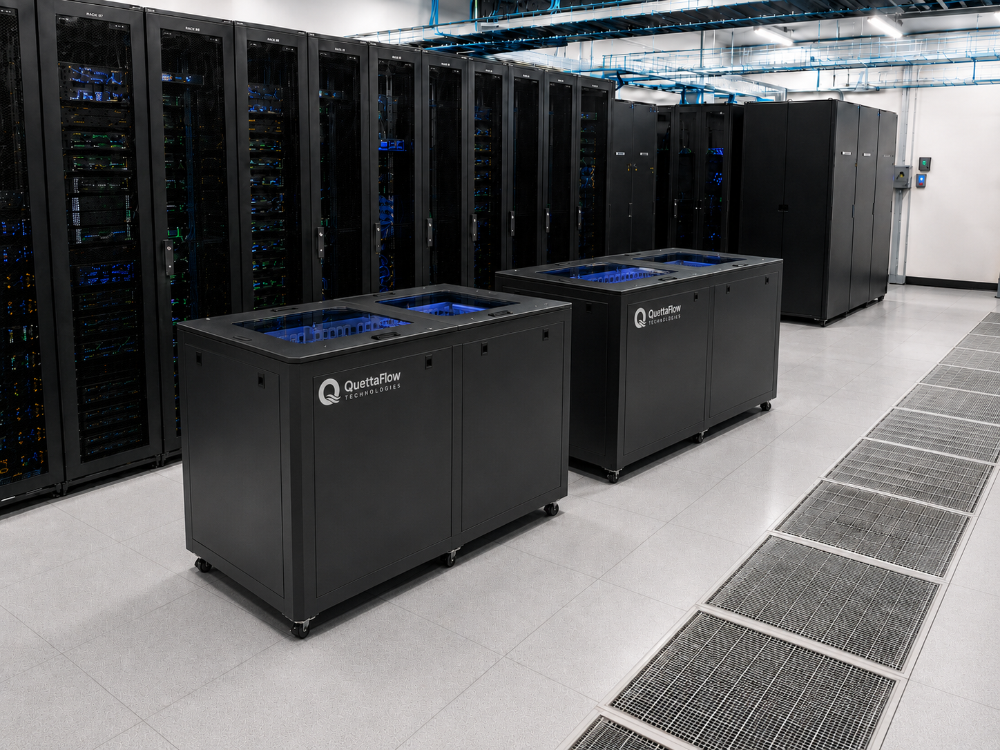 VasRack modular immersion cooling system with control, network cabinets and immersion tanks